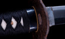 Katana Antigua Japonesa con Koshirae de Laca Negra y Tsuba de Hierro con Motivo de Plumas firmada Chikushi Tadamasa - Hozon